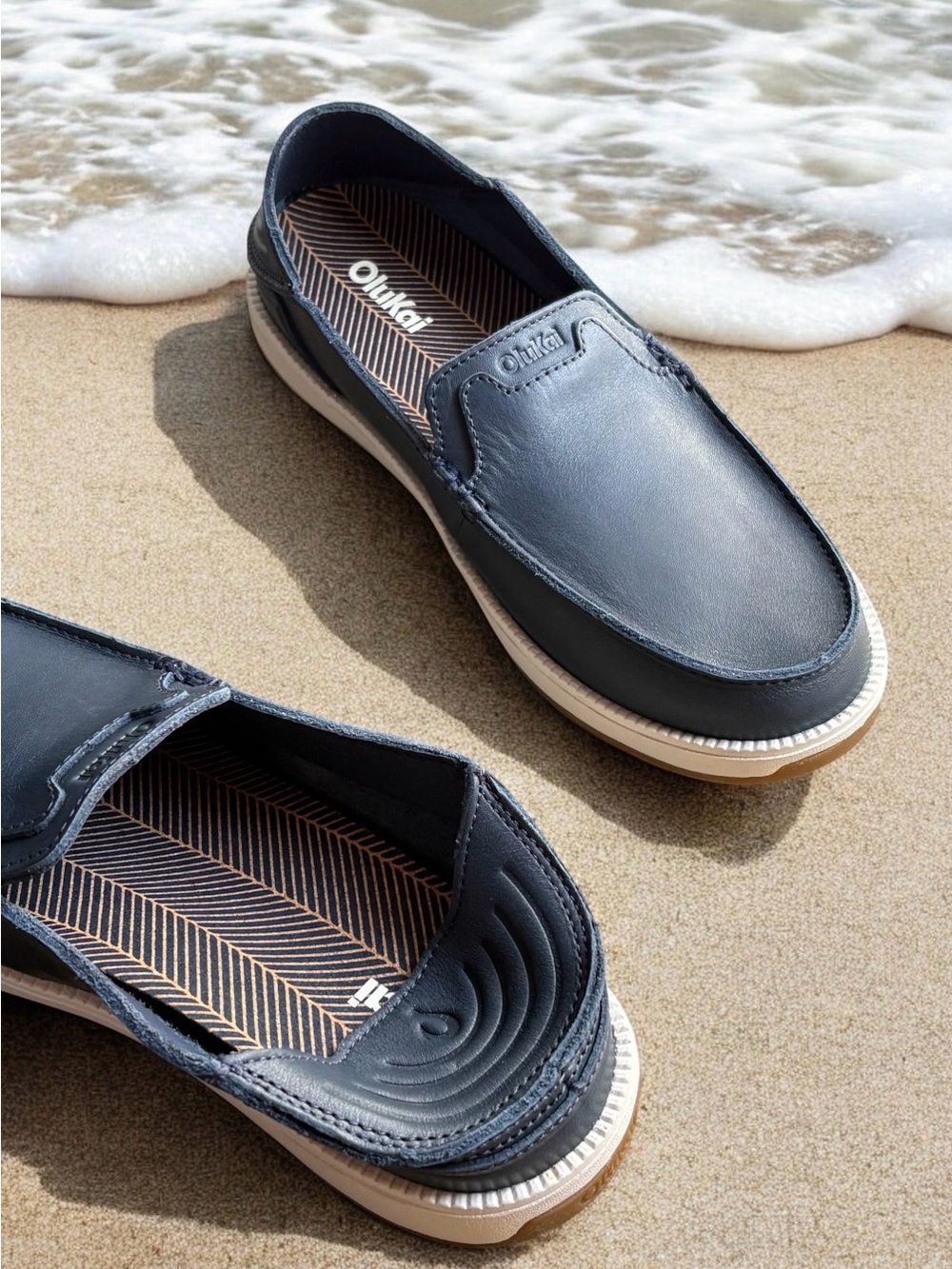 OluKai Kākaha Nia Men’s Navy Blue Leather Slip-On Shoes - Picture 5 of 16